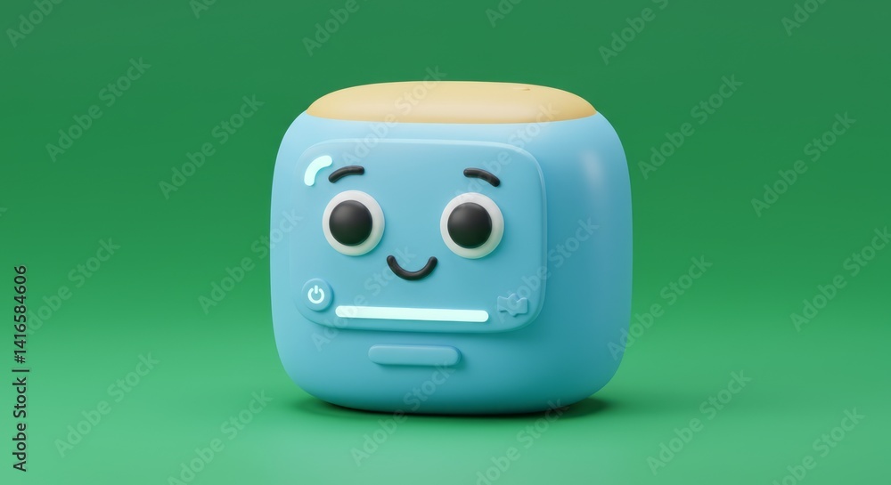 Poster cute blue media player with a smiling face on a green background displaying modern technology with a