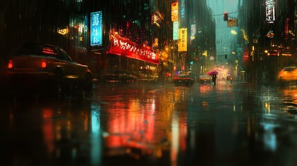 Obraz premium Walking Under Umbrella in Rainy City Street at Night with Neon Lights