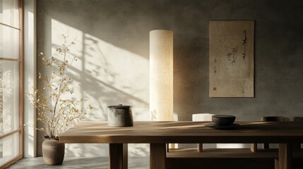 Generative AI, modern layered textures lamp, dining table, wabi sabi interior design