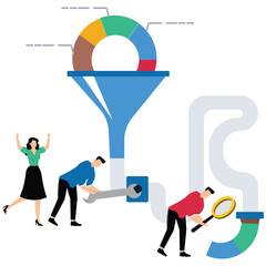Data analysis and screening, market research, data optimization and improvement. Pie charts in a funnel