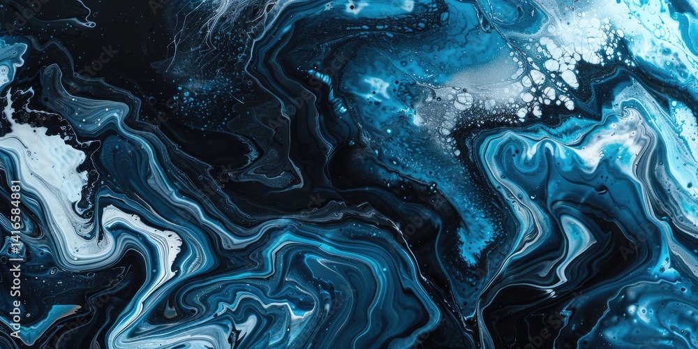 Poster close up abstract picture of blue and black colour has been mixing with each other and white colour,
