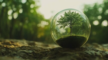 Glass globe ball with tree growing and green nature blur background eco earth day concept