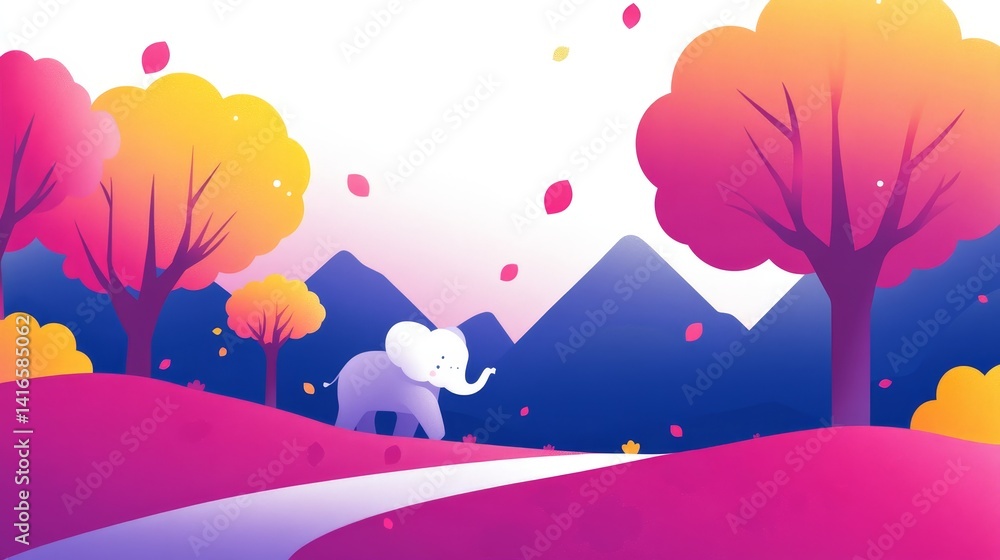 Poster whimsical pixelated landscape featuring an elephant ambling along a path against a backdrop of vibra