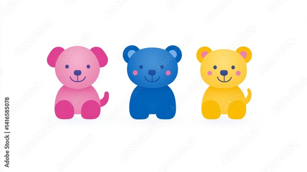 Poster three colorful pixel art bears sitting in a row with playful expressions cute design for children's 