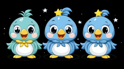 Fototapeta premium Delightful trio of cartoon birds adorned with star accents set against a nocturnal backdrop evoking childish wonder and festive charm for illustration
