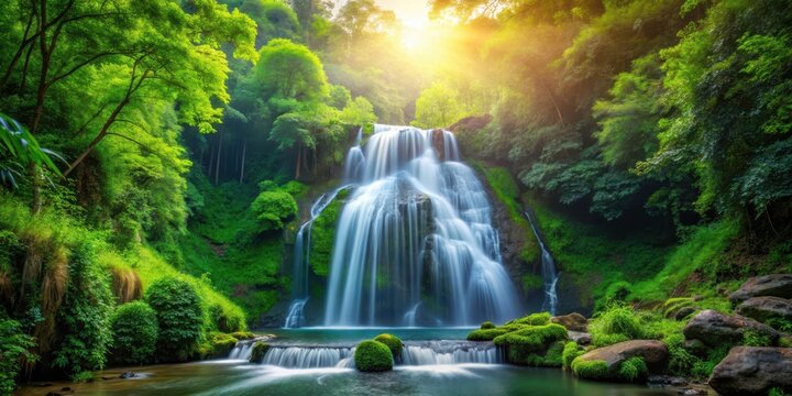 A serene waterfall cascading down a lush forested slope amidst a backdrop of vibrant greenery and sunlit foliage, waterfall