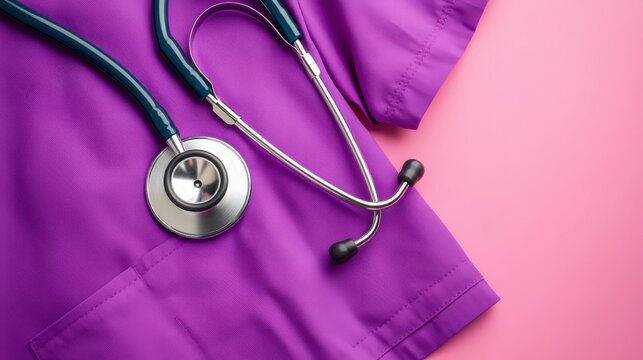 Focused Shot of a Stethoscope on a Medical Scrub Top in Vibrant Purple Against a Soft Pink Background