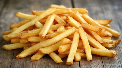 Golden crispy french fries piled high in close-up view on wooden table