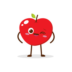 Cute red apple cartoon character with winking eye, showing a Excited pose. Perfect for kids illustrations, healthy food designs, or educational materials. Isolated on white background with soft shadow