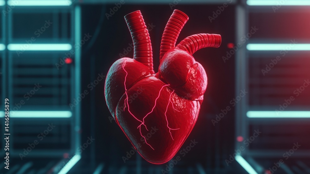 Poster digital render of vibrant heart with pulsating light in futuristic environment