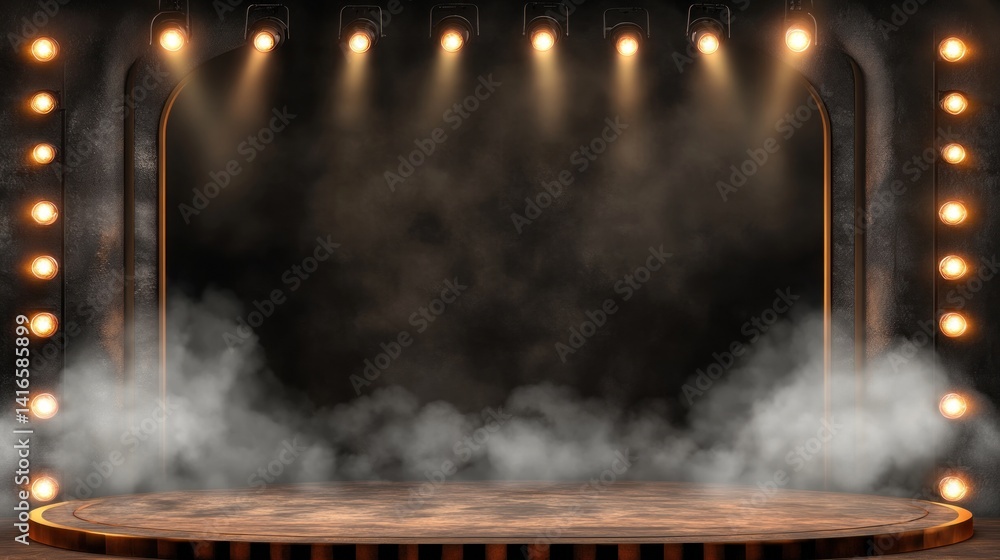 Poster illuminated theatrical stage ambiance with mist illuminated by spotlights setting a dramatic vintage