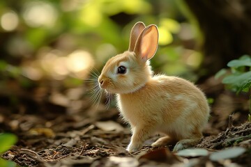 Fototapeta premium A fluffy baby rabbit hopping along the forest floor, its ears perked and curious.