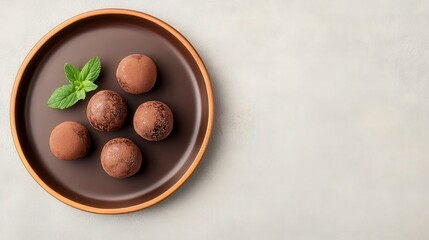 Close Up of Delicious Brigadeiro Chocolate Truffles on a Brown Plate with Mint Garnish
