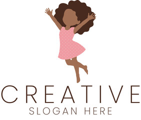 Happy Little Girl Jumping Joyful Pink Dress Childrens Illustration Design Fun Kids Cute Logo Sweet  