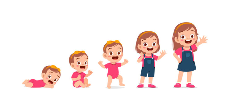 Illustration of baby girl growing up, showing milestones from infant to child, growth stages.