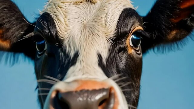 Close-up of black and white cow with green pasture background under blue sky