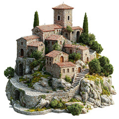 3D front view illustration of the Fortress of Mystras Greece monument isolated on a white transparent background