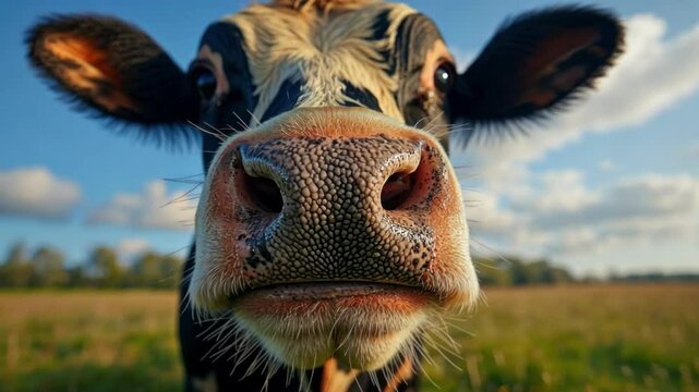 Close-up of a curious holstein cow in a sunny pasture