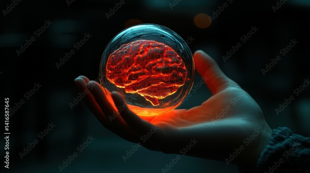 Poster hand holding a glowing ai sphere symbolizing the power and potential of artificial intelligence.