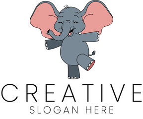 Happy Dancing Baby Elephant Cartoon Illustration Design Fun Cute Logo Kids Grey Pink Image Animal   
