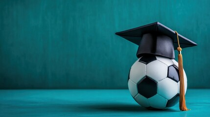 Soccer ball with graduation cap symbolizing sports and education, academic and athletic achievement, unique concept on a teal background.