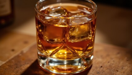 Close up photo of whiskey, an amber alcohol drink, served with ice in a classic glass.