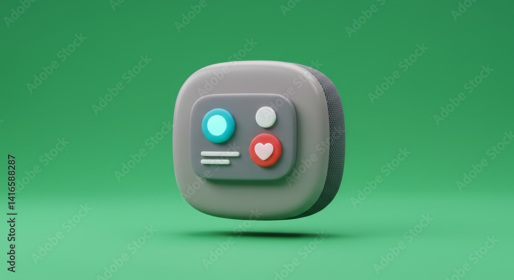 Poster rendered grey smart speaker with notification icons displaying a like and a notification dot on a gr