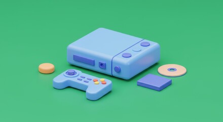 Retro gaming console setup with controller, game disk and cartridge on green background, a nostalgic technology concept in isometric view