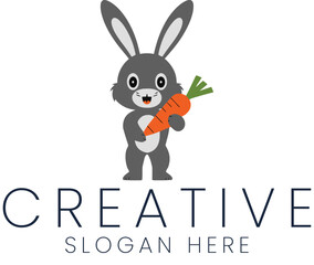 Adorable Gray Rabbit Holding a Carrot Creative Logo Design Cute Food Farm Icon Happy Image Animal   