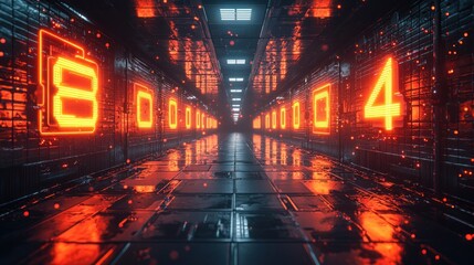 Futuristic data center tunnel with glowing numbers