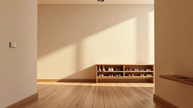Sunlit Room with Wooden Shoe Rack and Stylish Footwear