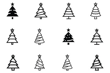 Fototapeta premium Set of christmas trees line art vector icon illustration on white background.