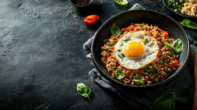 Spicy minced pork pad kra pao, minced pork stir-fried with holy basil leaves, served with plain cooked rice and a fried egg, a popular Thai single dish served from street food carts to