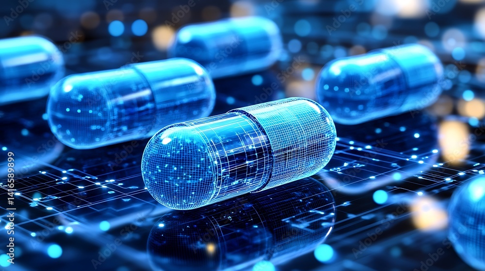 Poster futuristic capsules surrounded by glowing data particles on a reflective surface conveying an advanc