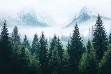Fototapeta premium Mystic Mountain Vista: An ethereal landscape of majestic mountain peaks rising through a serene forest, shrouded in a soft, atmospheric mist. Evoking a sense of wonder and tranquility.