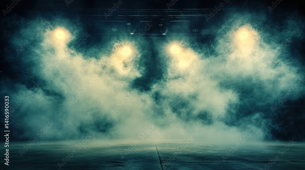 Poster a dramatic stage setting with heavy fog and soft spotlights creating an atmospheric and mysterious a