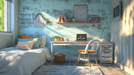 Obraz premium Home bedroom interior with work zone, table and chair with shelf. Empty wall