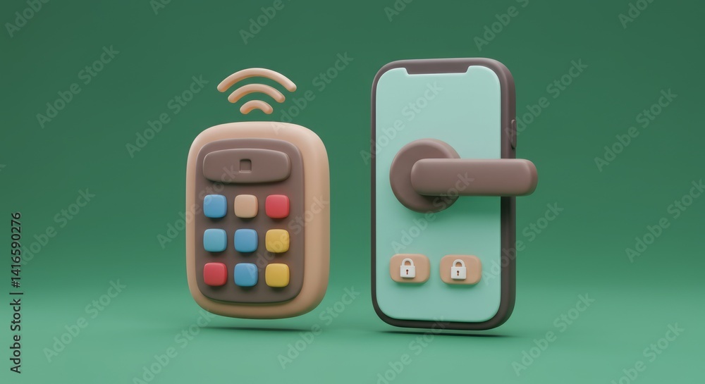 Poster smart home security system concept featuring wireless keypad and smartphone app interface for remote