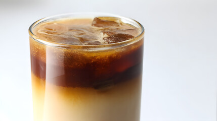Close Up of Yuenyeung Layered Drink Served in a Glass with Ice Cubes and Creamy Swirl