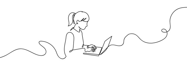 Continuous line People at work People using laptops line art vector illustration with background editable stroke.