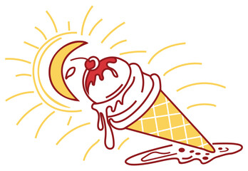 Melting Ice Cream Cone Vector with Sun Rays  Bold Summer Line Art Design.eps