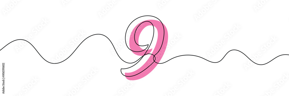 Poster number 9 in continuous line drawing style. line art of number nine. vector illustration. abstract dr