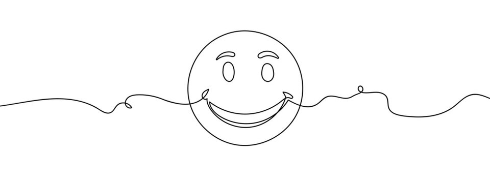 Continuous line, smiley emoji, smile line art vector illustration with background editable stroke.