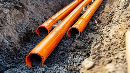 Orange Pipes in a Trench: Underground Infrastructure Installation