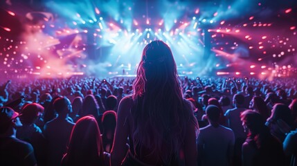 Silhouette of people in the music concert with colorful lights at open air background.