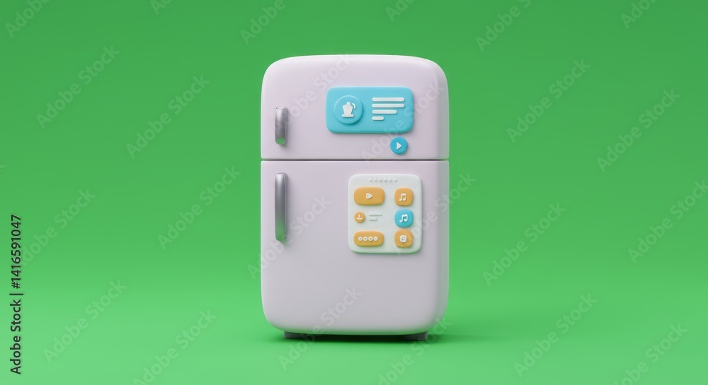 Poster smart refrigerator with interactive display showing recipes and music options on green background