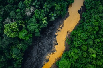 Aerial River Embrace: An aerial perspective captures a vibrant river meandering through a lush, verdant forest.