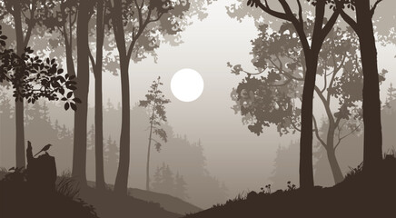 Beautiful vector silhouette landscape with setting sun, good detailing, brown colors	