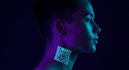 Woman with a glowing QR code on her neck, a futuristic portrait