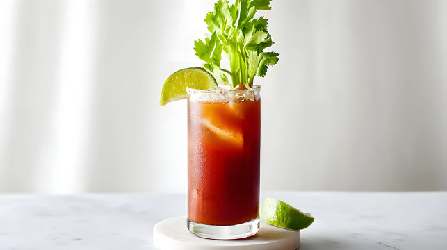 Refreshing Caesar Cocktail Served in a Tall Glass with Celery and Lime Garnish